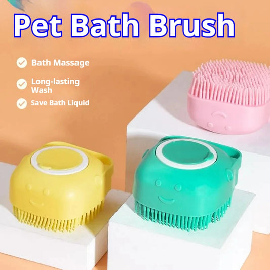 Pet Grooming Bath Massage Brush with Soap and Shampoo Dispenser Soft Silicone Bristle for Long Short Haired Dogs Cats Shower