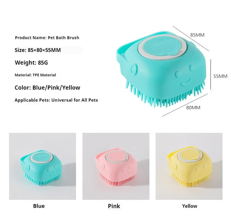 Pet Grooming Bath Massage Brush with Soap and Shampoo Dispenser Soft Silicone Bristle for Long Short Haired Dogs Cats Shower