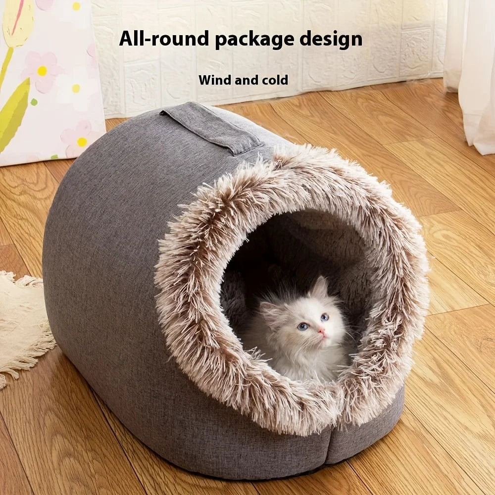 Cozy 2pcs Cat Bed Set - Plush Enclosed Pet Bed & Mat, Washable Cover. Purrfect Christmas Gift! 🎁