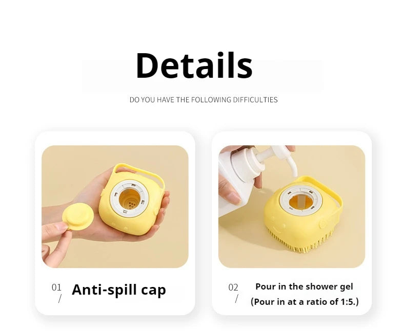 Pet Grooming Bath Massage Brush with Soap and Shampoo Dispenser Soft Silicone Bristle for Long Short Haired Dogs Cats Shower