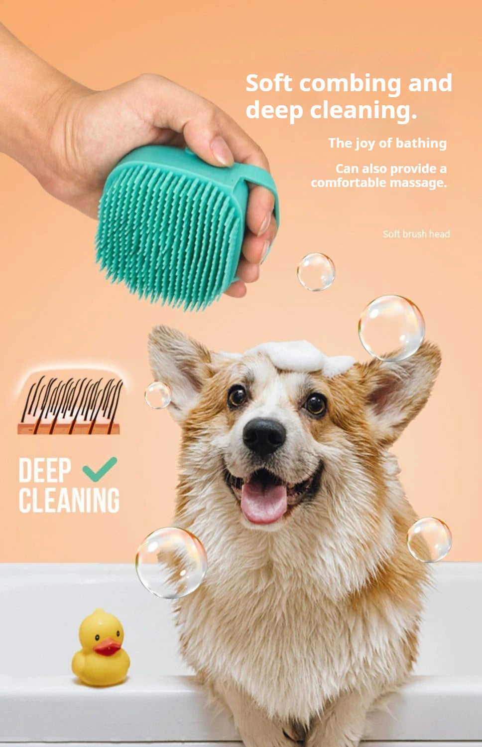 Pet Grooming Bath Massage Brush with Soap and Shampoo Dispenser Soft Silicone Bristle for Long Short Haired Dogs Cats Shower