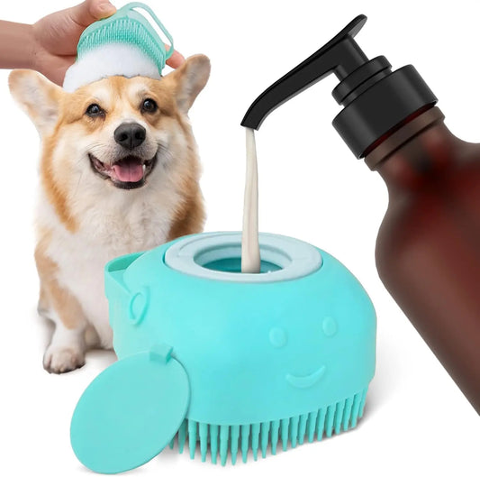 Pet Grooming Bath Massage Brush with Soap and Shampoo Dispenser Soft Silicone Bristle for Long Short Haired Dogs Cats Shower