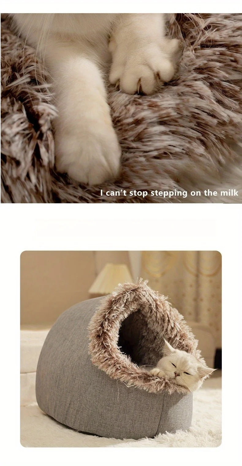 Cozy 2pcs Cat Bed Set - Plush Enclosed Pet Bed & Mat, Washable Cover. Purrfect Christmas Gift! 🎁