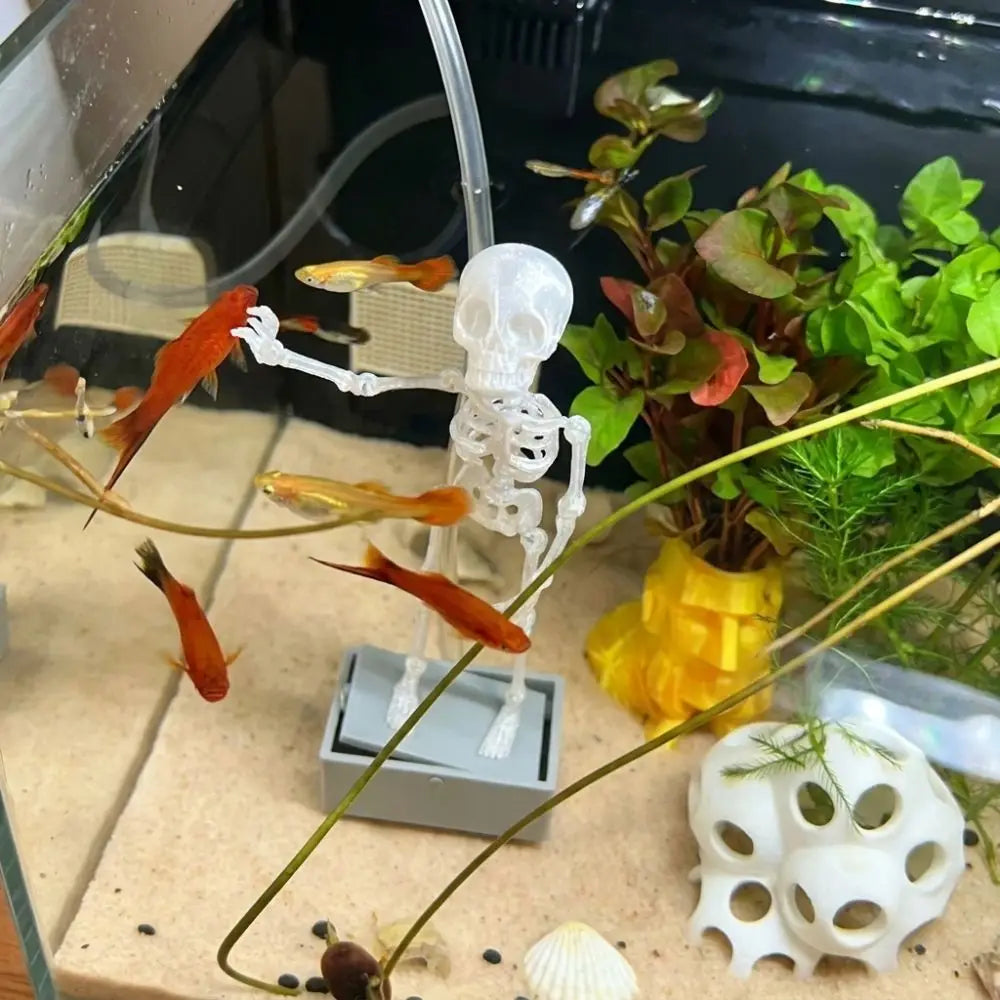 3D Printed Dancing Skeleton Aquarium Bubbler Plastic with Air Tube Fish Tank Dance Skull Ornament Gothic Air Driven