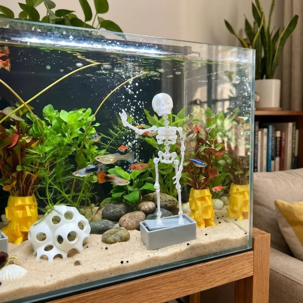 3D Printed Dancing Skeleton Aquarium Bubbler Plastic with Air Tube Fish Tank Dance Skull Ornament Gothic Air Driven