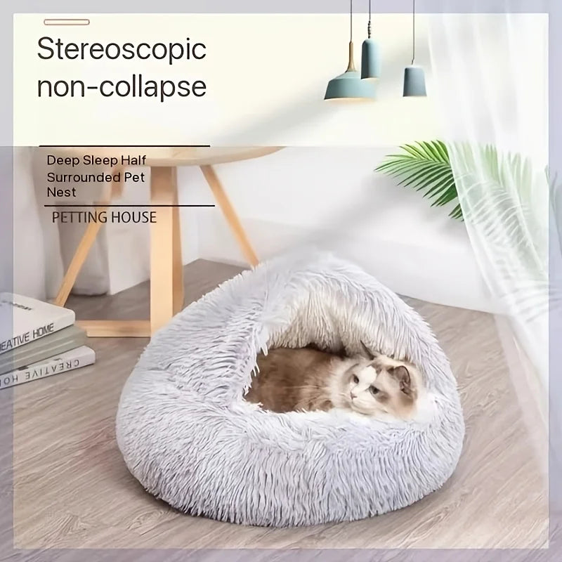 Cozy Plush Cat Bed - Warm Semi-Enclosed Pet Nest for Indoor Cats & Small Dogs. Perfect for Autumn & Winter!