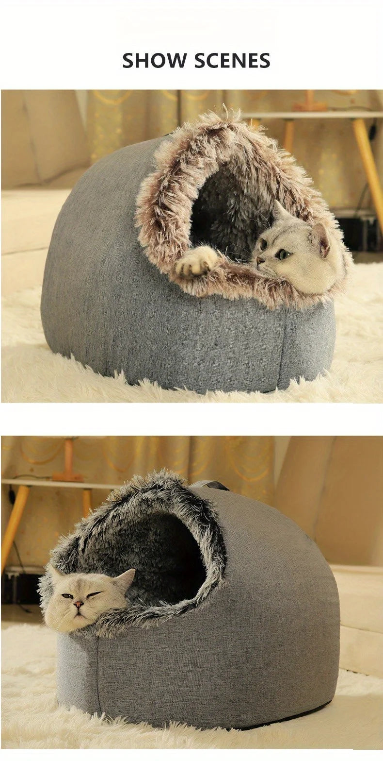 Cozy 2pcs Cat Bed Set - Plush Enclosed Pet Bed & Mat, Washable Cover. Purrfect Christmas Gift! 🎁