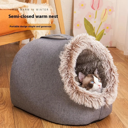 Cozy 2pcs Cat Bed Set - Plush Enclosed Pet Bed & Mat, Washable Cover. Purrfect Christmas Gift! 🎁