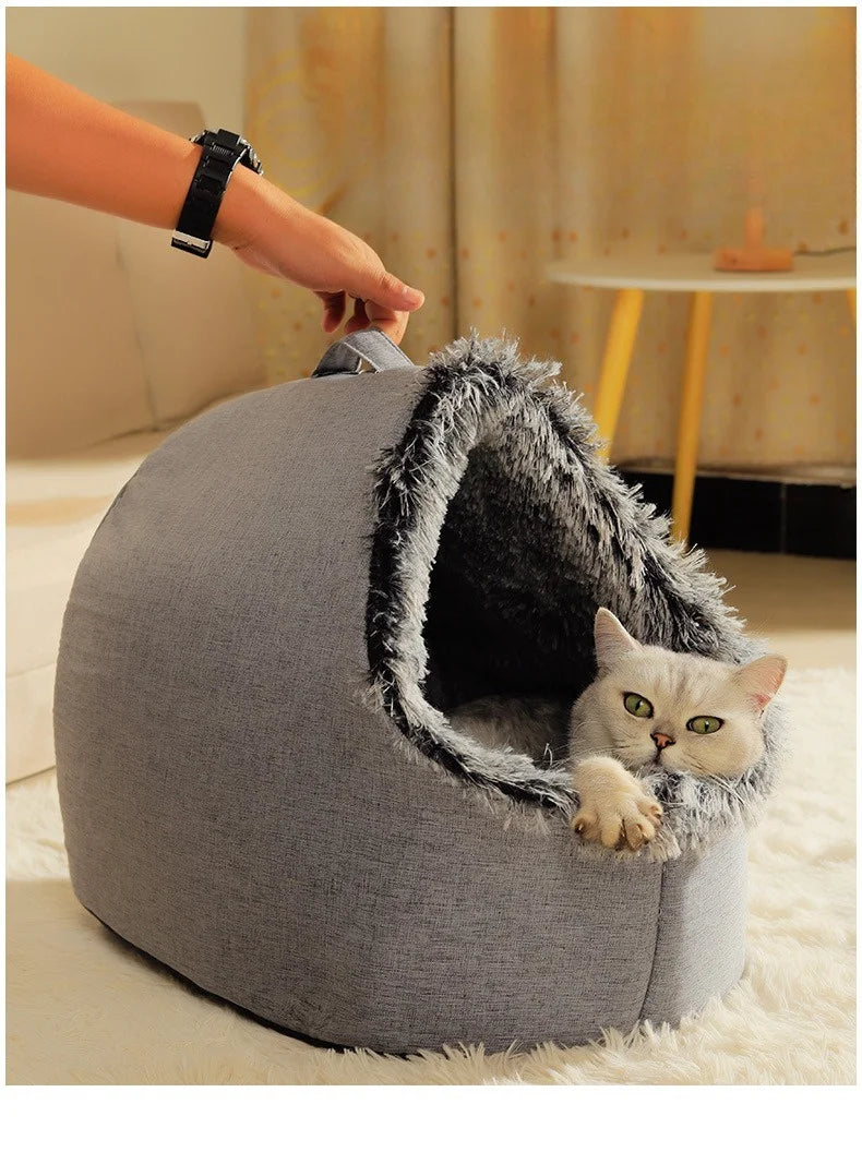 Cozy 2pcs Cat Bed Set - Plush Enclosed Pet Bed & Mat, Washable Cover. Purrfect Christmas Gift! 🎁