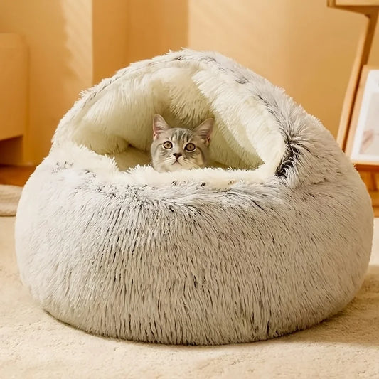 Cozy Plush Cat Bed - Warm Semi-Enclosed Pet Nest for Indoor Cats & Small Dogs. Perfect for Autumn & Winter!