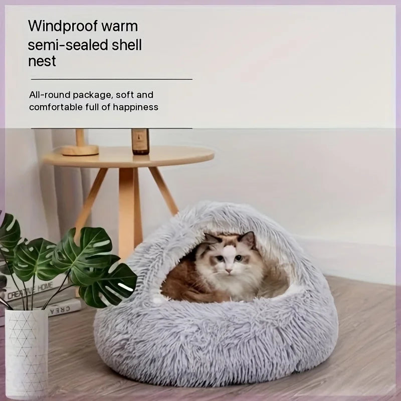 Cozy Plush Cat Bed - Warm Semi-Enclosed Pet Nest for Indoor Cats & Small Dogs. Perfect for Autumn & Winter!