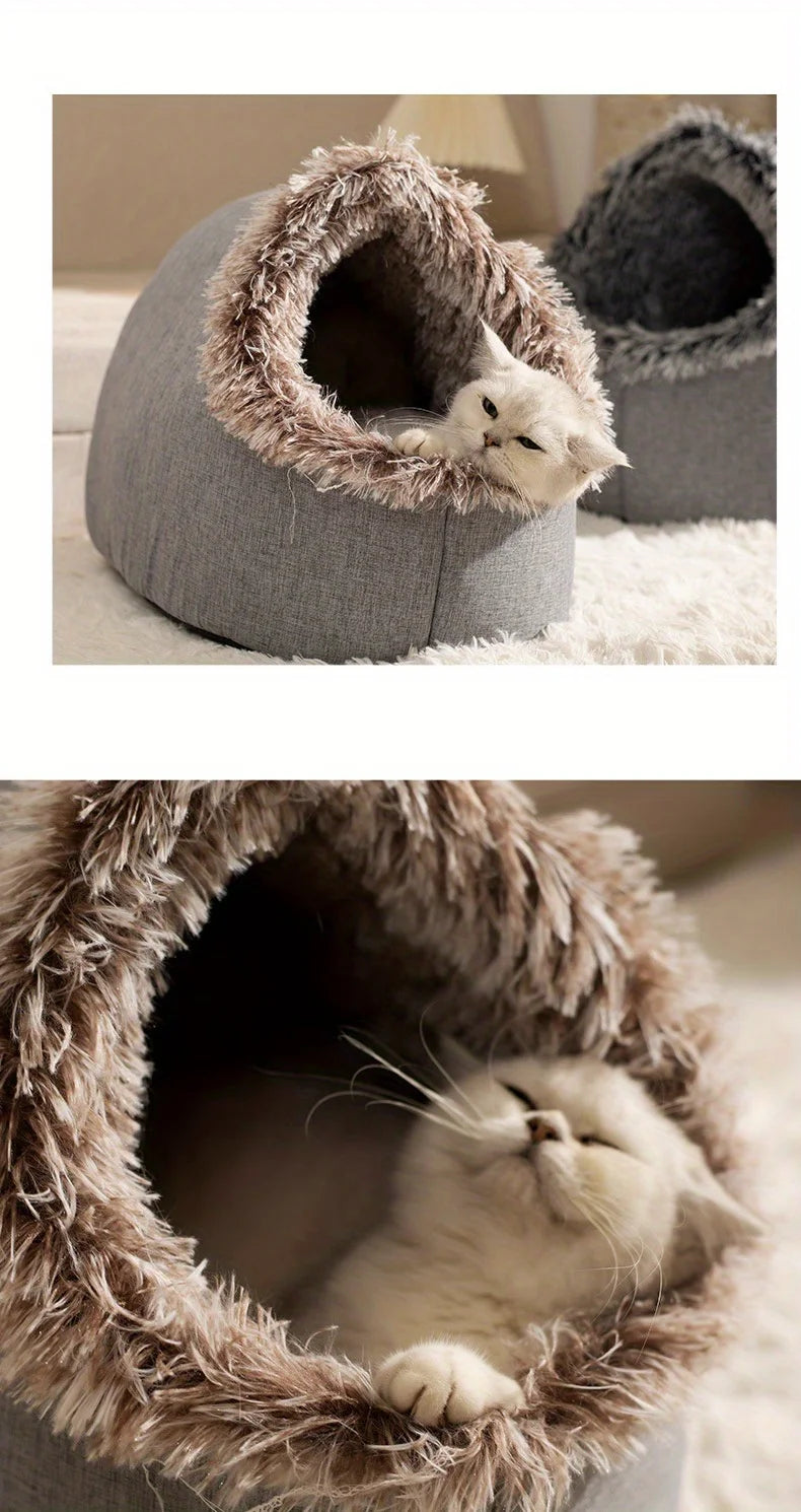 Cozy 2pcs Cat Bed Set - Plush Enclosed Pet Bed & Mat, Washable Cover. Purrfect Christmas Gift! 🎁