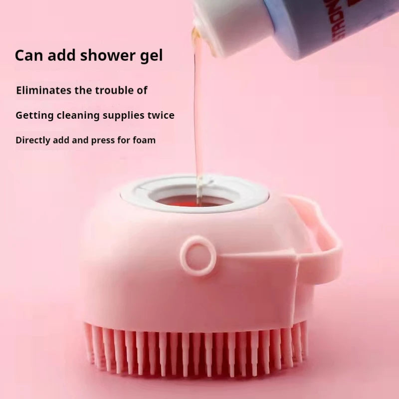 Pet Grooming Bath Massage Brush with Soap and Shampoo Dispenser Soft Silicone Bristle for Long Short Haired Dogs Cats Shower