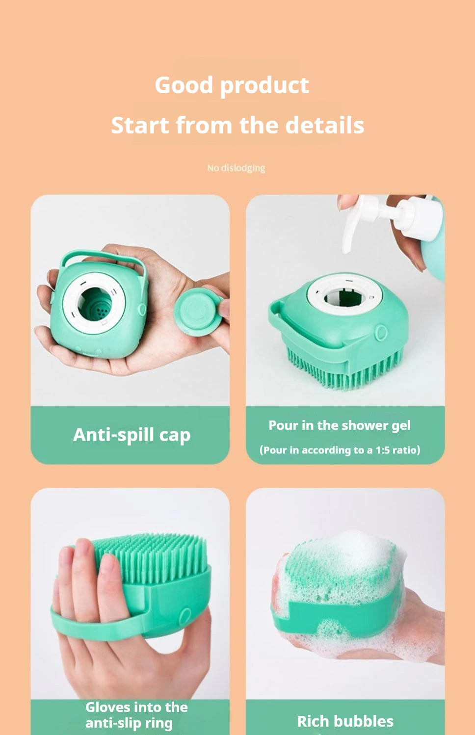 Pet Grooming Bath Massage Brush with Soap and Shampoo Dispenser Soft Silicone Bristle for Long Short Haired Dogs Cats Shower