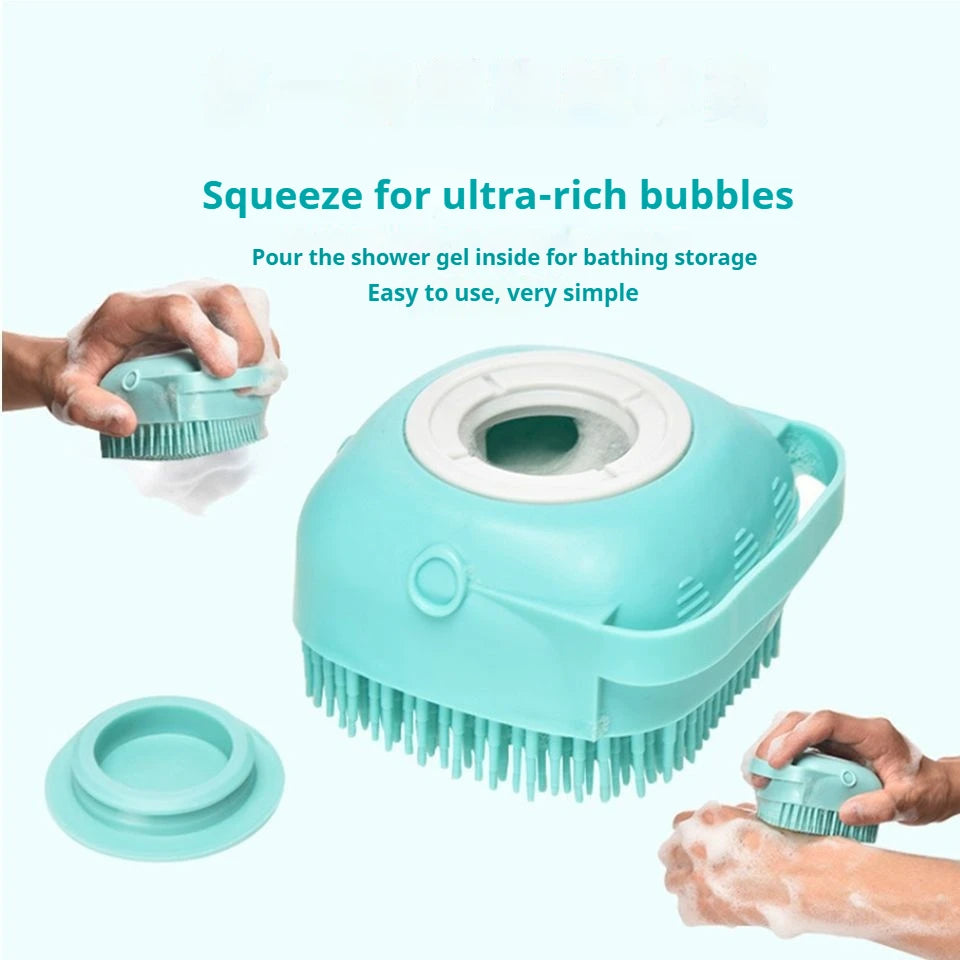Pet Grooming Bath Massage Brush with Soap and Shampoo Dispenser Soft Silicone Bristle for Long Short Haired Dogs Cats Shower