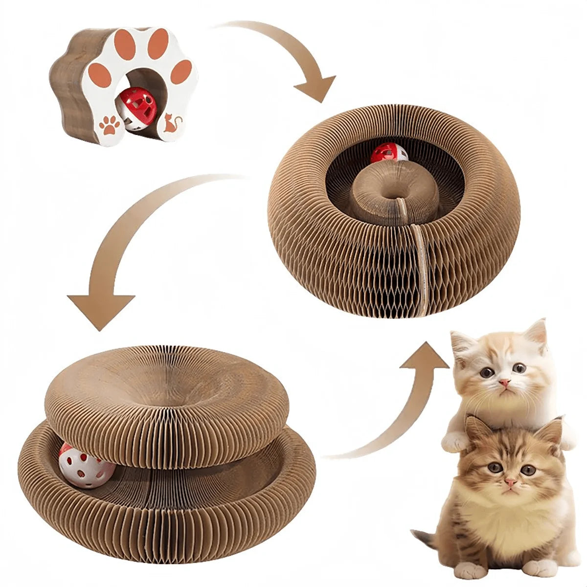 Customized Shopify Dropshipping Foldable Cat Scratcher With Bell Catnip Multi-level Cardboard Toy Kitten Durable Claw Sharpener