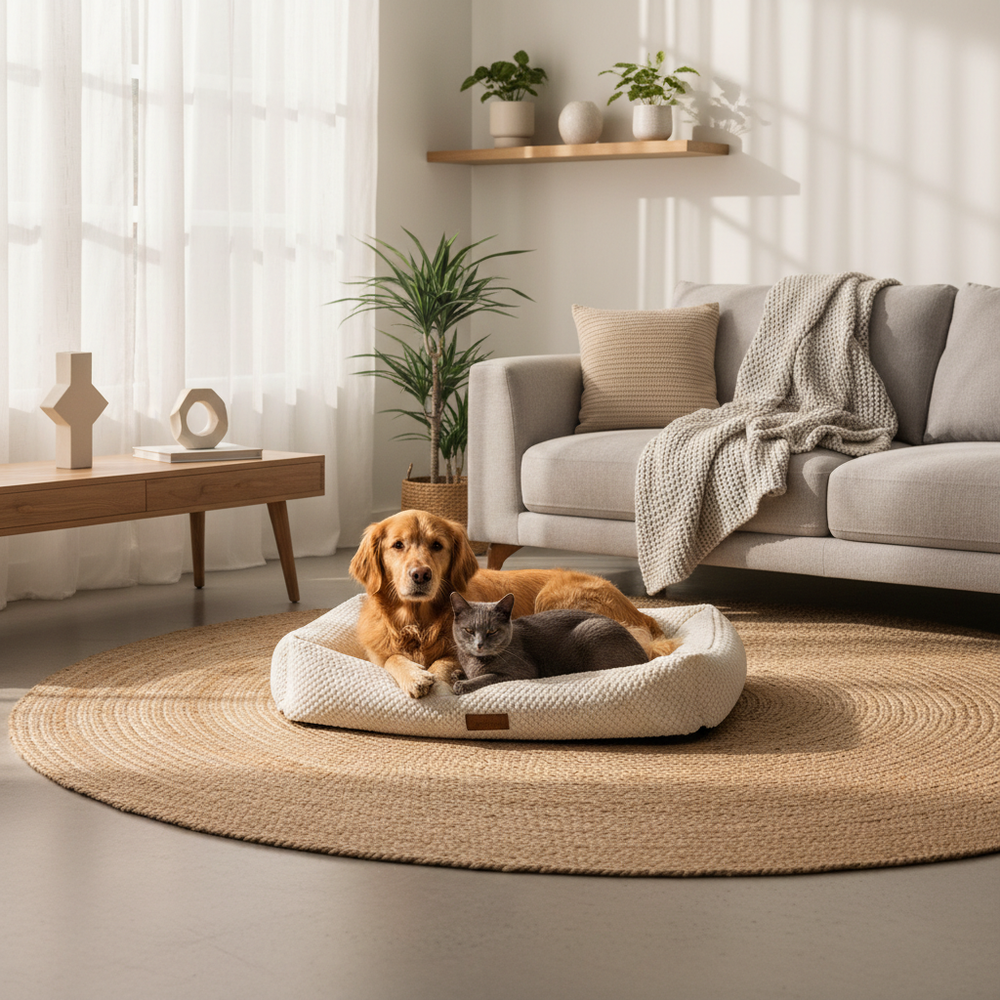 High-quality square 1:1 picture lifestyle photography of a cozy, modern living room with sunlight. A cute golden retriever and a grey cat sitting on an aesthetic cream-colored pet bed. Minimalist home decor in the background. Professional, bright, airy, 8k resolution.