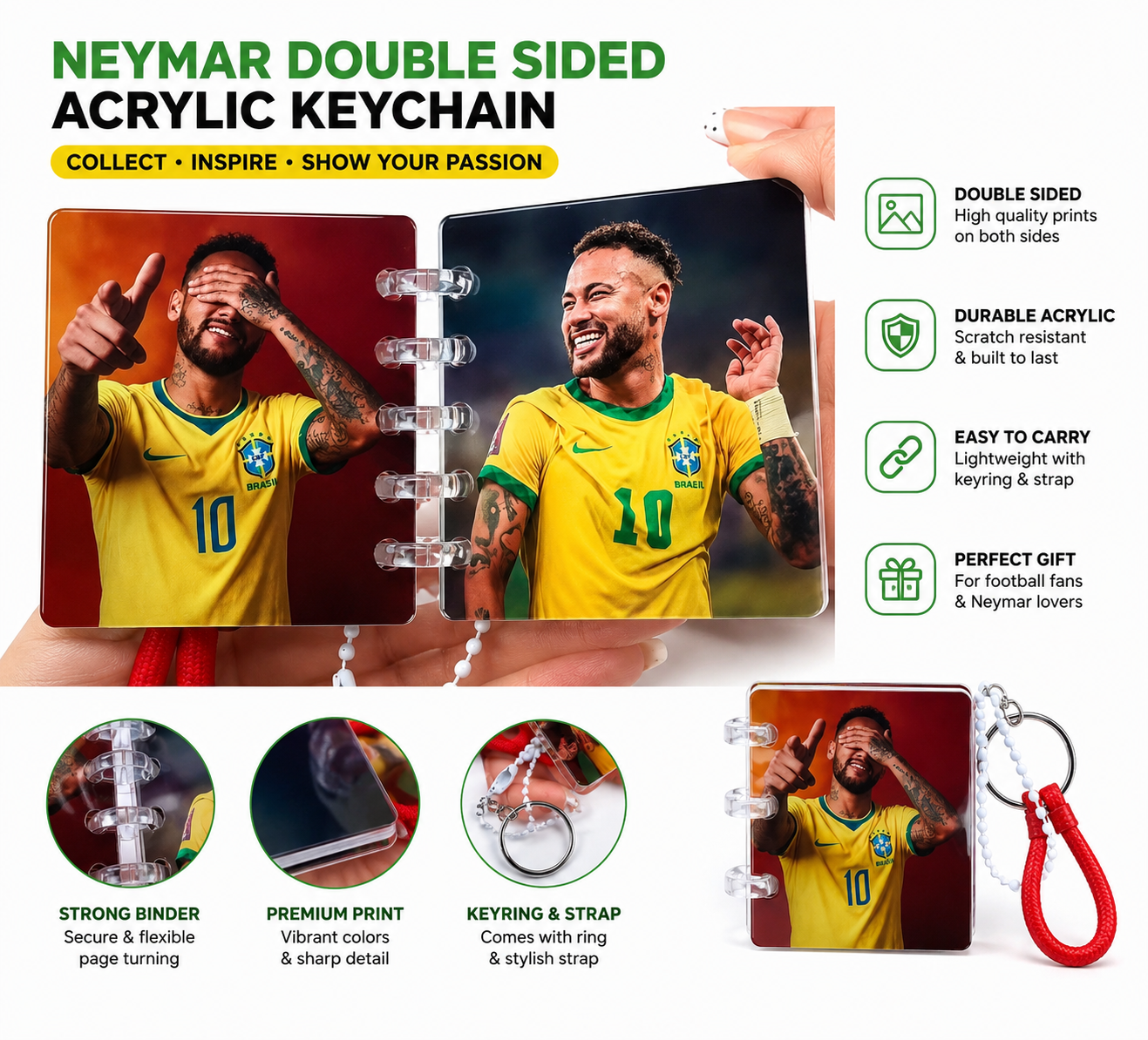 Neymar Mini Photo Book Keychain – Double Sided Acrylic Football Fan Keyring 🇧🇷⚽